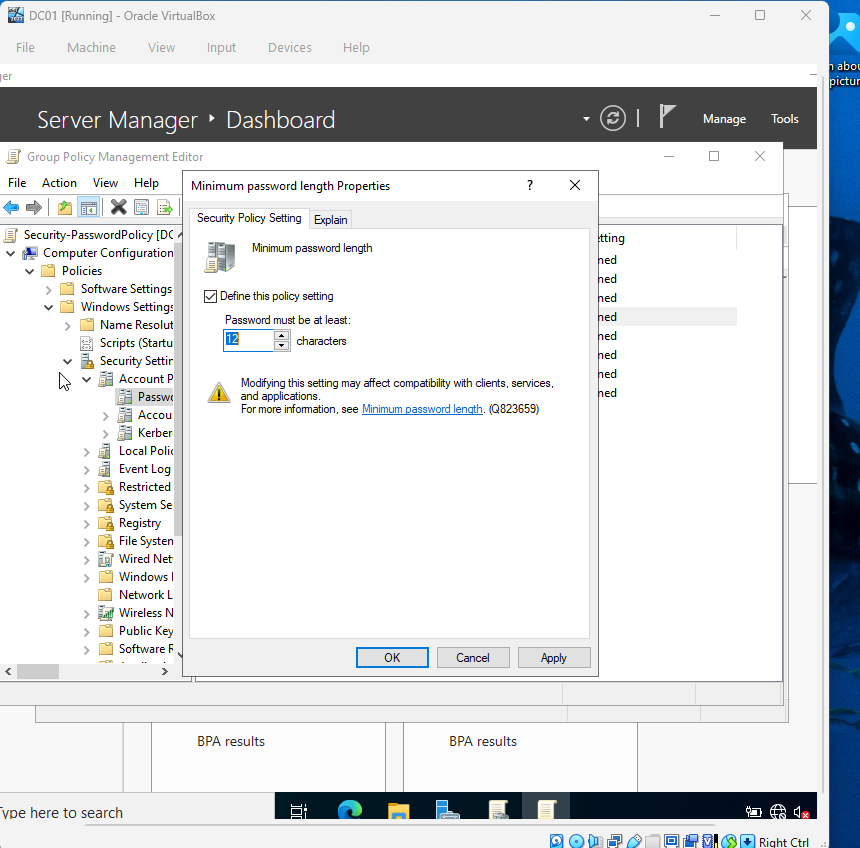 Group Policy Management Editor showing the minimum password length setting configured to 12 characters